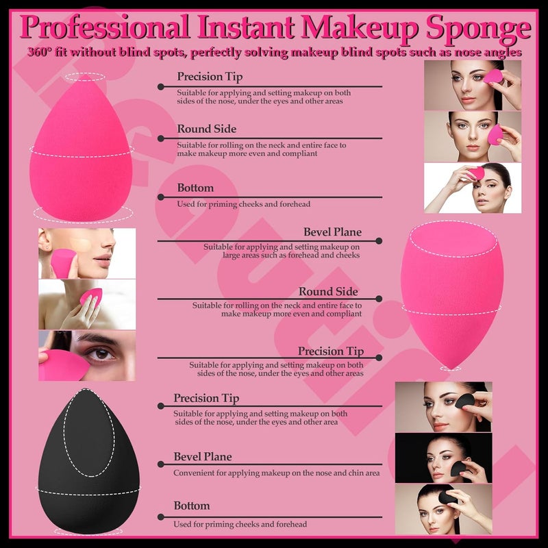AuraRay 14 Pcs Makeup Sponges,Beauty Sponges Blender with 4 Pcs Powder Puff and 4 Pcs Mini Make up Sponges Valentine's Day Gift,Mother's Day Gift for Women Liquid,Foundation,Powder,Concealer(Black,Hot pink) - Image 4